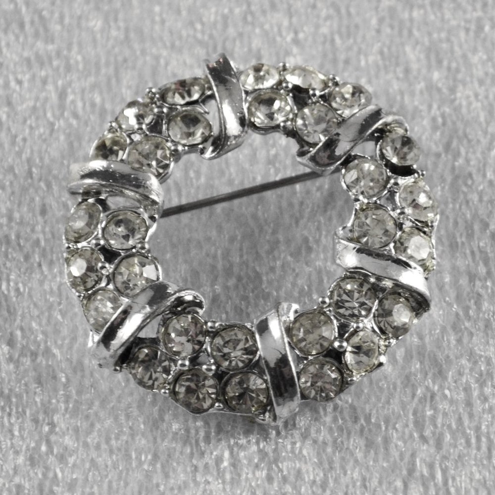 Vintage Circle Pin w/ 2 Rows of Rhinestones & Silver Tone Metal Trim
